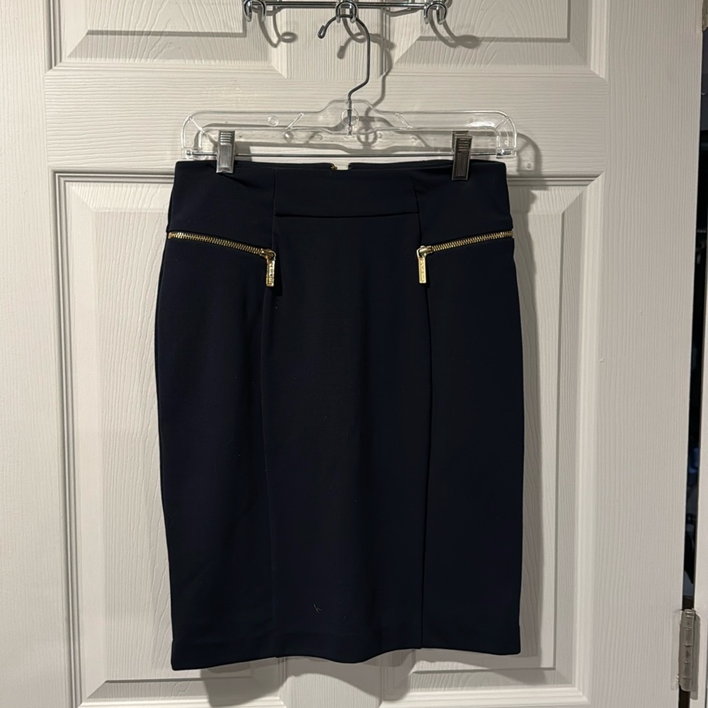 Michael Michael Kors Navy Pencil Skirt Gold Zippers Size 2 NWOT
